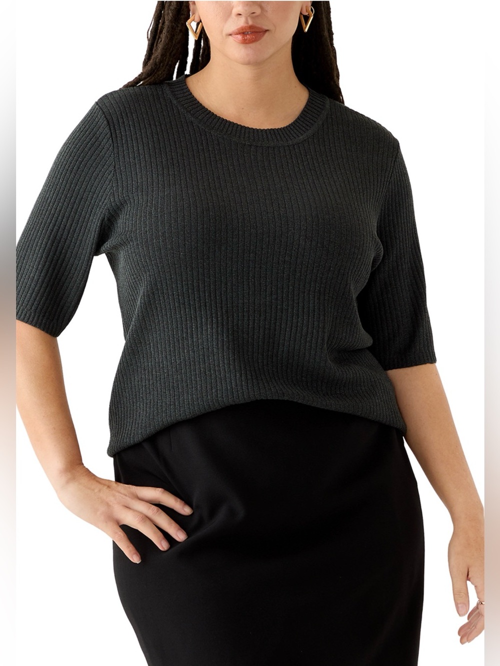 JONES NEW YORK Ribbed Short-Sleeve Crewneck Top - Dark Charcoal Gray
